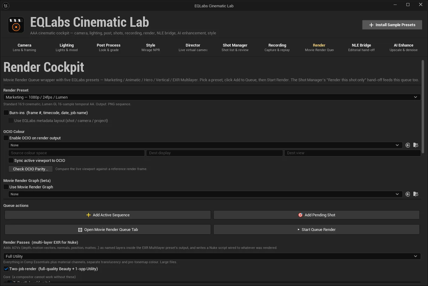 The Render tab: preset, burn-ins, OCIO, queue actions, dailies and the render-pass selector.