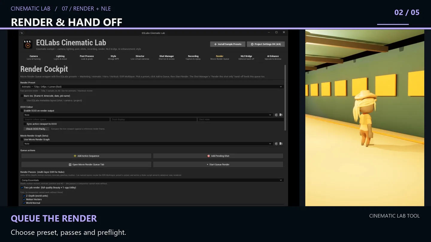 Choosing a render preset, burn-ins, OCIO and render passes before queuing.