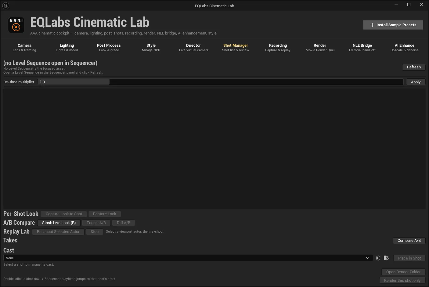 The Shot Manager tab: shot list with status, artist and version, and the per-shot Look controls.