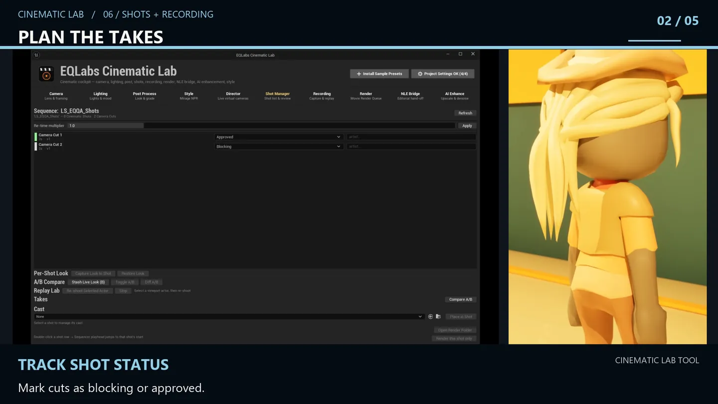 Marking two camera cuts as Approved and Blocking in the shot list.