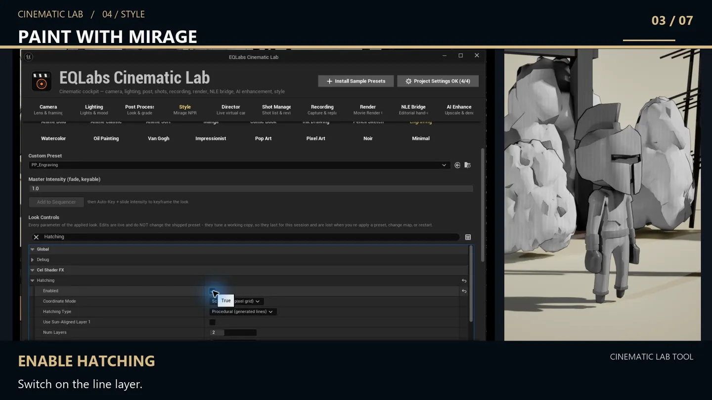 Enabling the hatching layer in a Mirage look's controls.