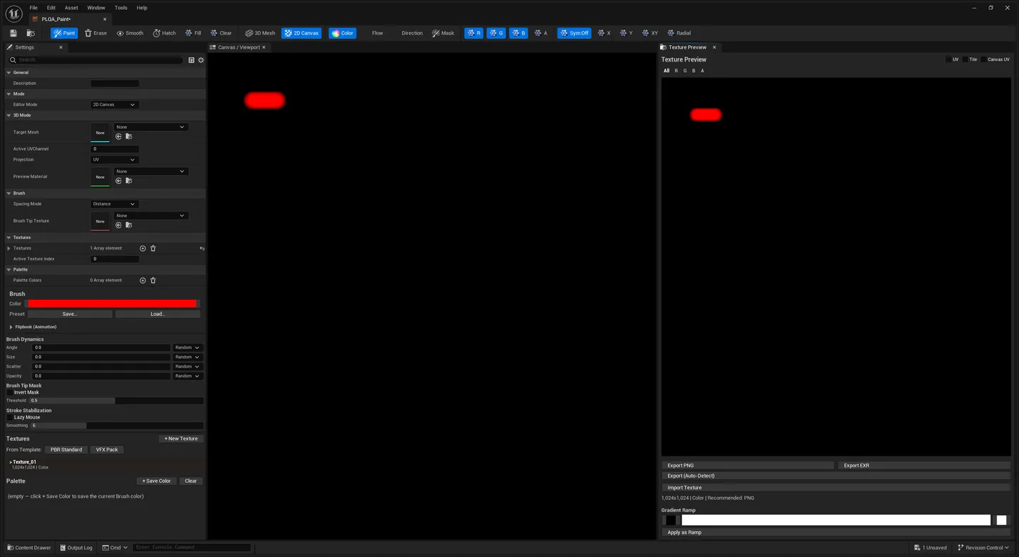A stroke on the 2D canvas, mirrored in the texture preview on the right.