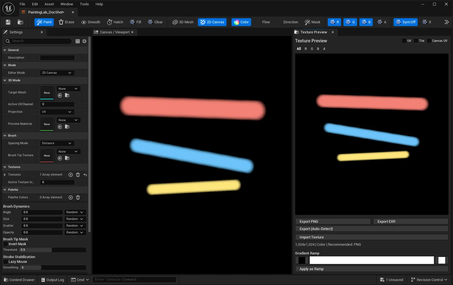 2D Canvas mode with several colour strokes, the Settings panel on the left and the live texture preview on the right.