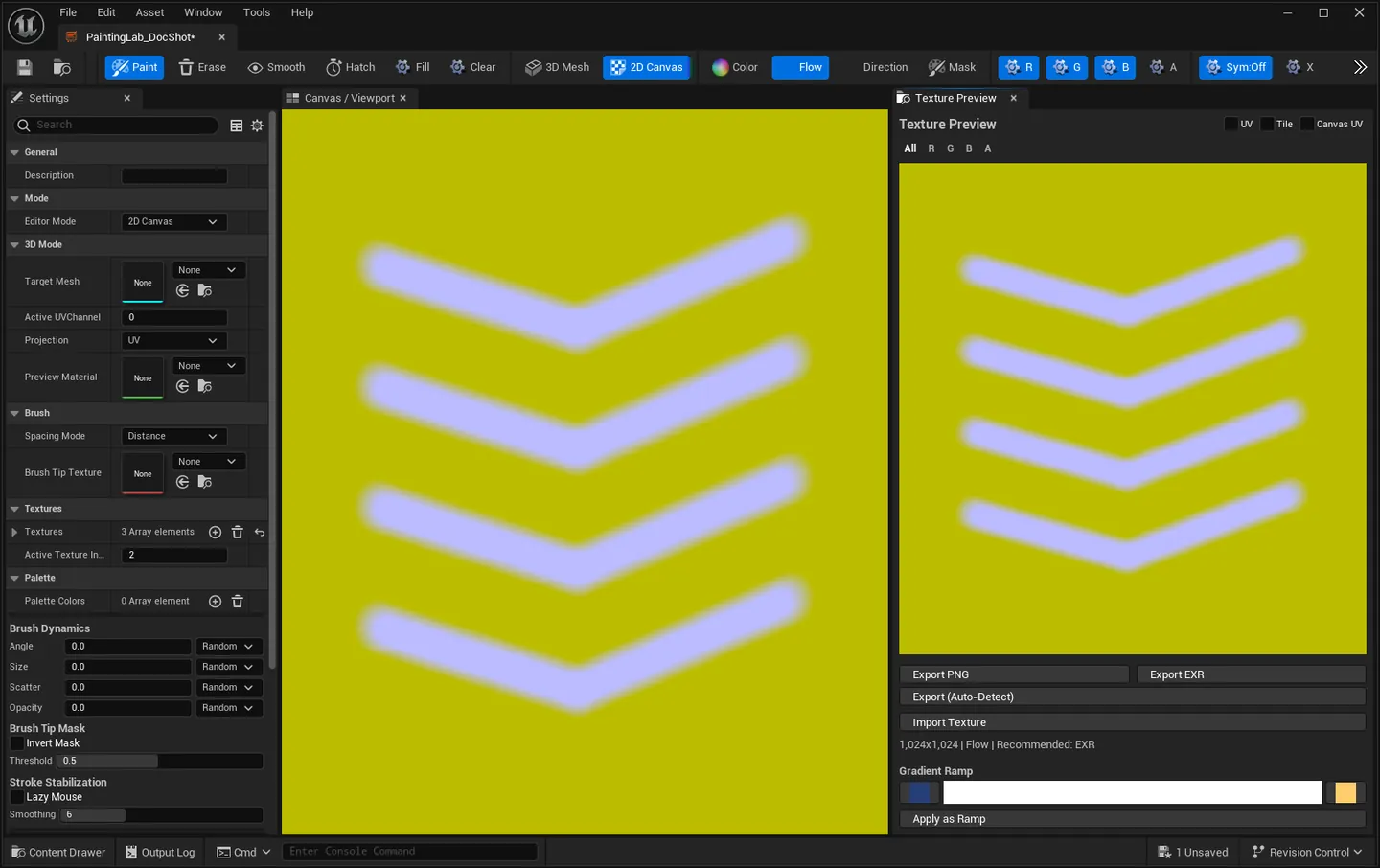 Flow mode: curved strokes across the canvas with the direction encoded per-stroke into RG.