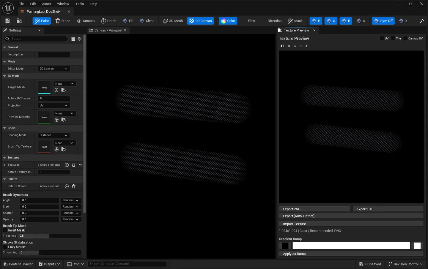 The Hatch tool: two crossing strokes of parallel ink lines on the 2D canvas.