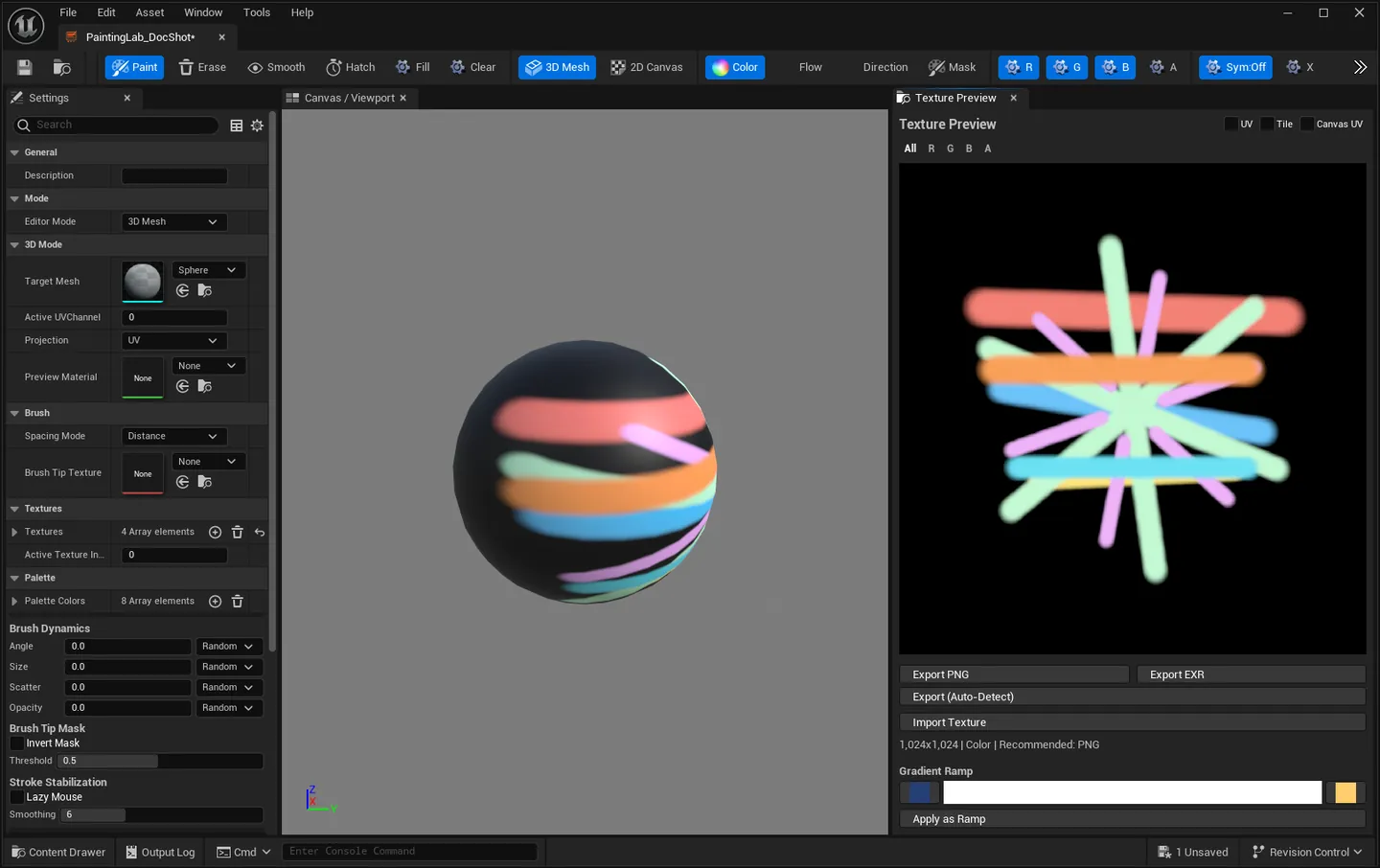 Painting Lab open in 3D Mesh mode with a painted sphere in the viewport, the Settings panel on the left and the texture preview on the right.
