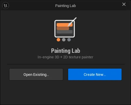 The Painting Lab launcher window, with Create New and Open Existing.
