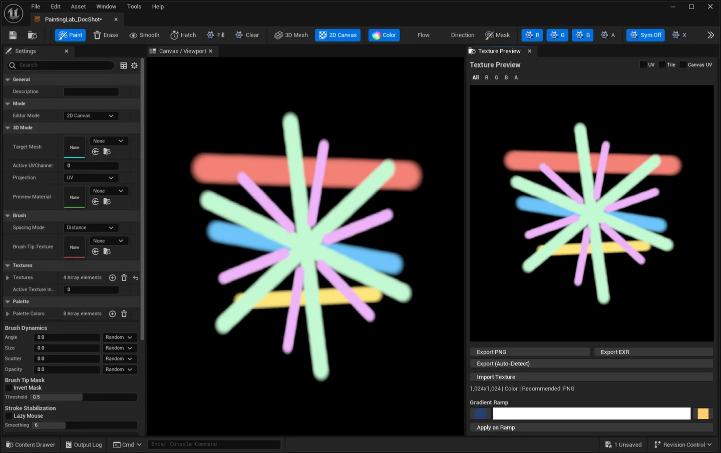 The palette strip with saved swatches under the brush colour picker.