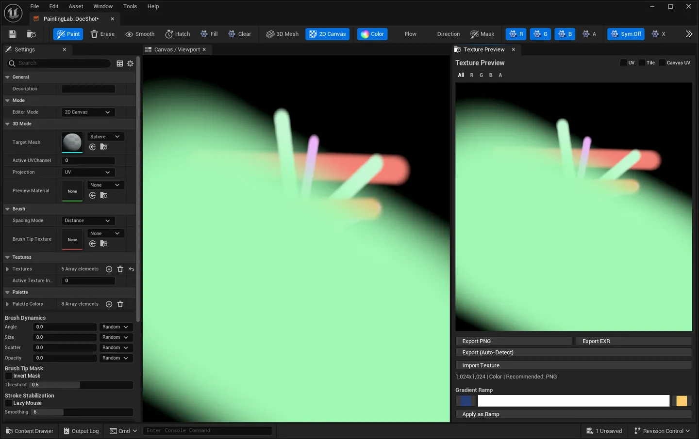 The Textures panel after applying the PBR Standard template: five textures with their paint modes.