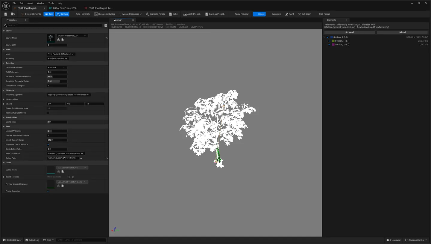 The same project after the bake: two hierarchy levels, and the Output section now carrying the baked mesh, its two textures and the generated preview material instance.