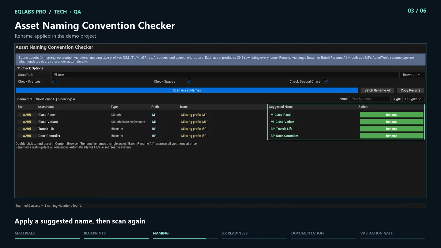 Renaming a flagged asset to its suggested name, then scanning again.