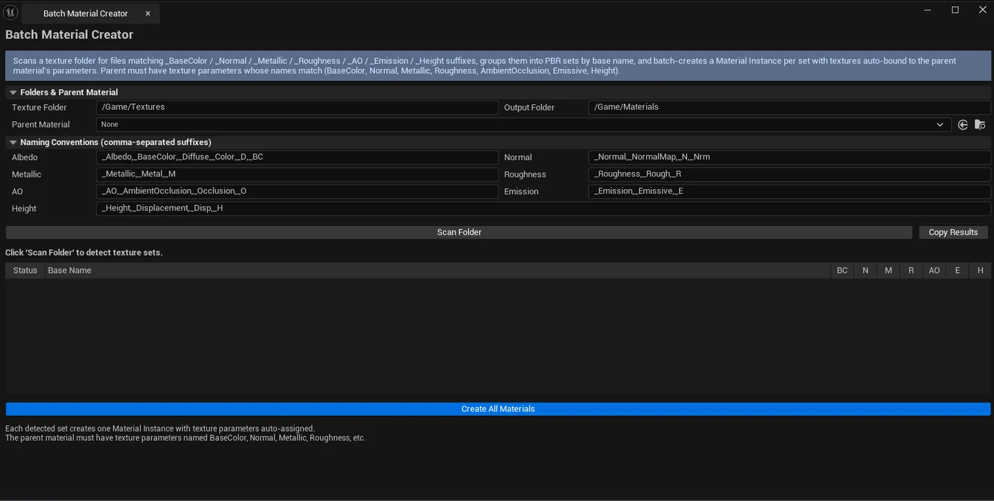 Tool open after a folder scan, detected sets list showing 8–10 material sets with Full PBR / Partial flags, parent material selected.