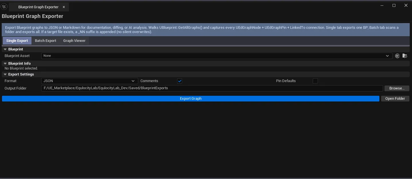 Exporter on Single Export tab with a Blueprint loaded, format set to Markdown, graph + node count visible.