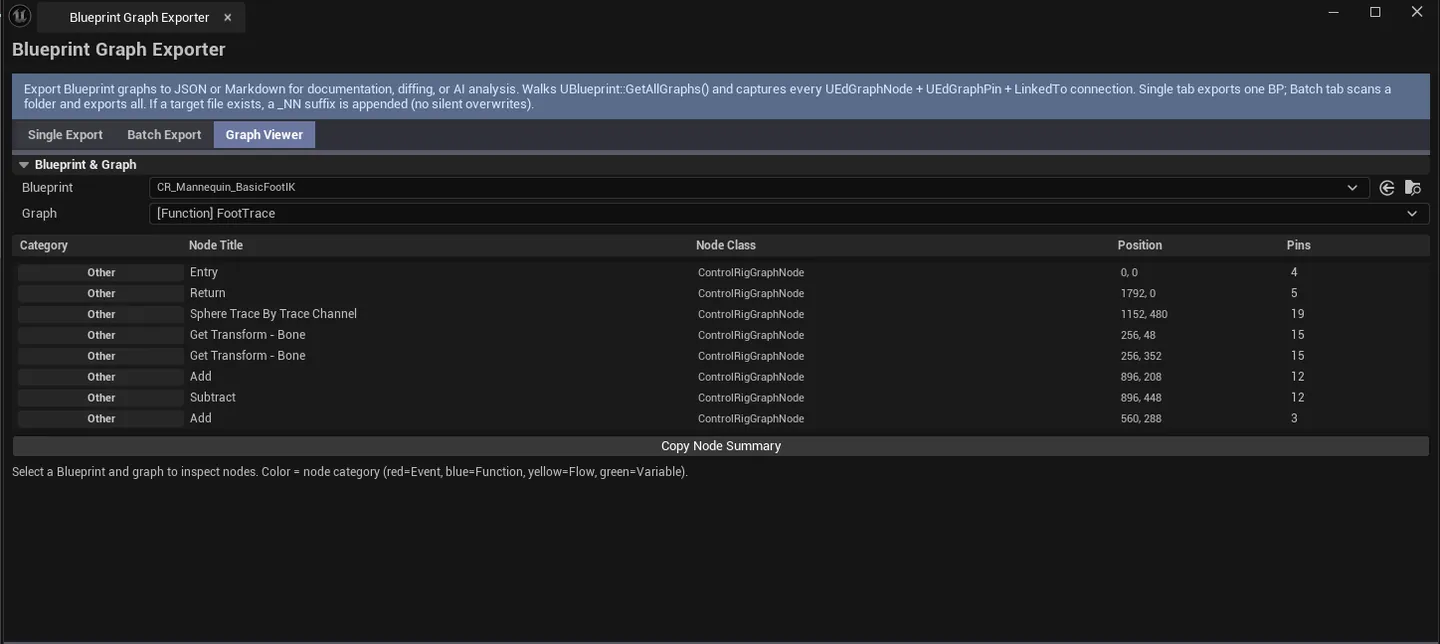 Viewer with a Blueprint loaded, graph picked, nodes list showing color-coded categories.