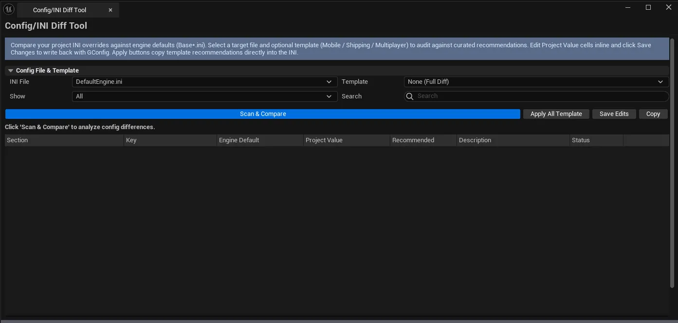 Diff tool with DefaultEngine.ini scanned, mix of Default / Overridden / Added entries visible.