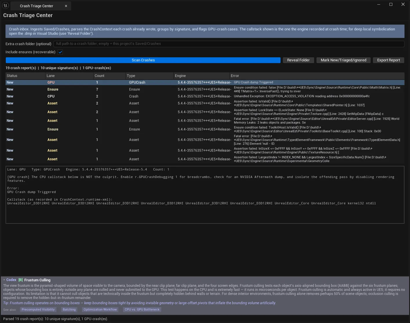 Crash Triage Center after a scan of 19 crash reports: 10 signature groups with lane, count, type and engine columns, the GPU-crash row selected and the engine-recorded callstack shown underneath.
