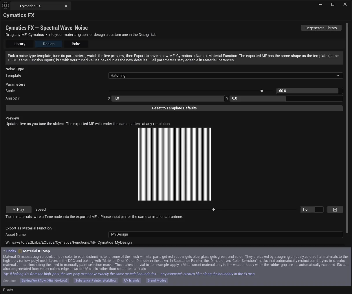 Cymatics FX Design tab with the Hatching template selected, its Scale and AnisoDir parameters, a live preview rendering the pattern, animation Play and Speed controls, and the export destination path.