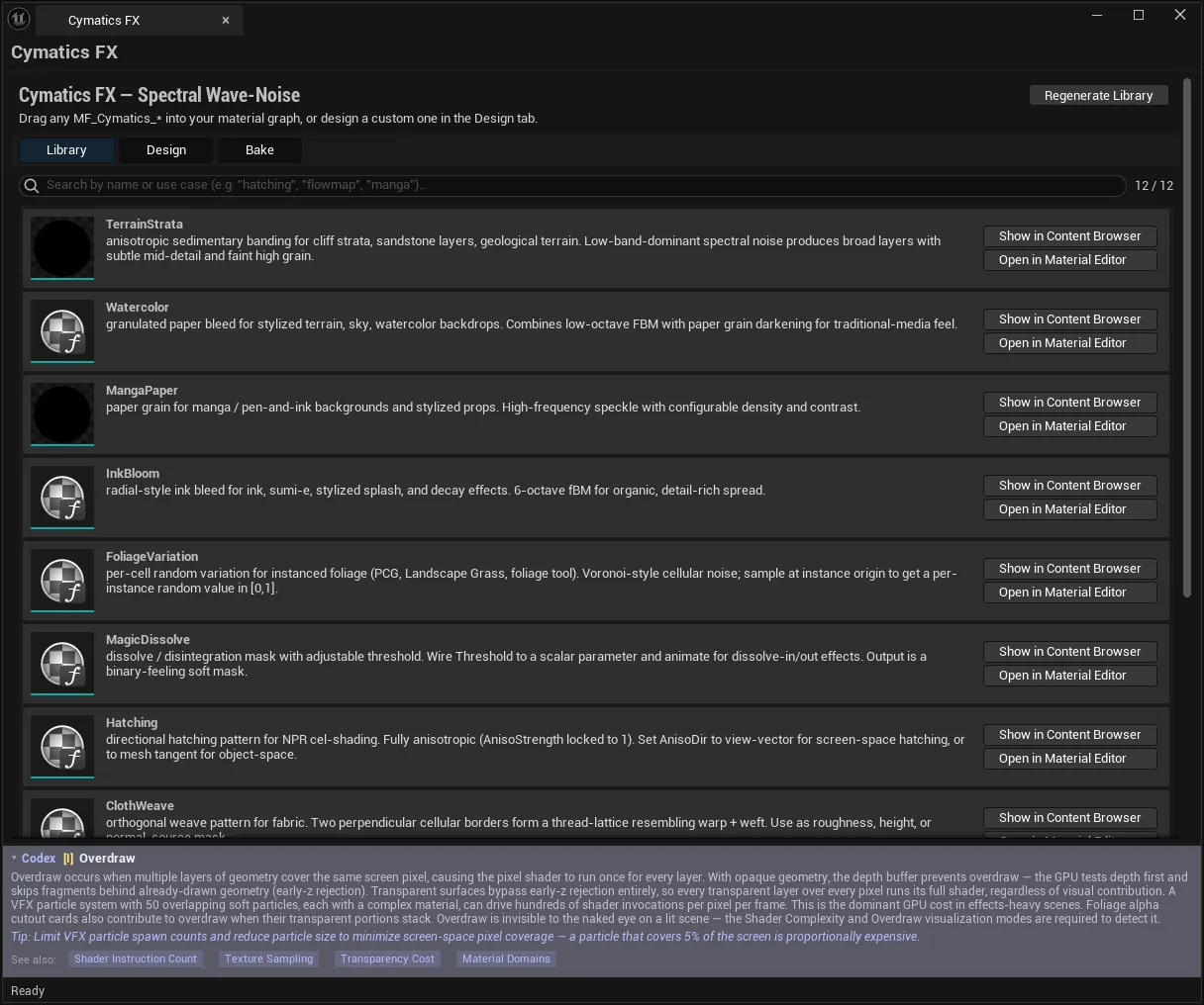Cymatics FX Library tab listing the starter Material Functions with thumbnails and per-row actions, the search counter reading 12 of 12.