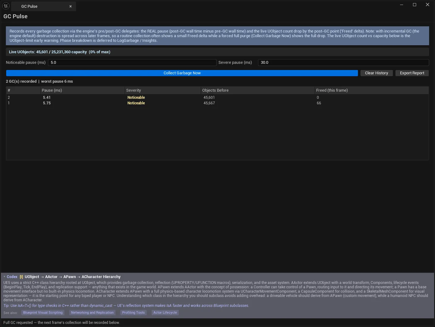 GC Pulse after two forced collections, showing measured pause durations, severity bands, objects before and freed, above the live UObject-count-against-capacity readout.