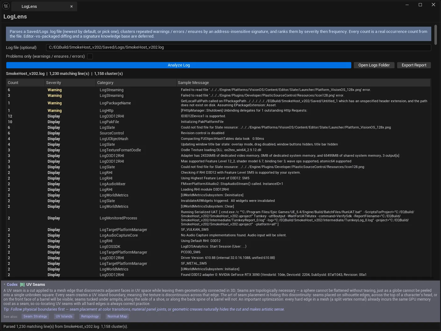 The same log with Problems only switched OFF: 1,230 matching lines across 1,158 clusters, the four warnings now buried under engine startup Display messages. With it on, the same file reduces to 11 lines in 4 clusters.
