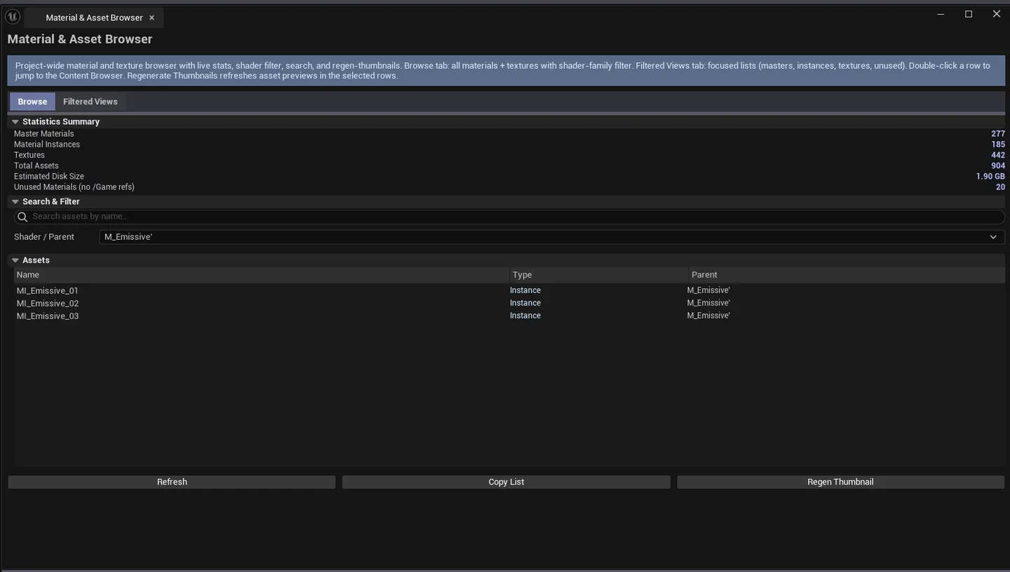 Filtered Views tab with Master Materials filter active, list showing only parent UMaterials.