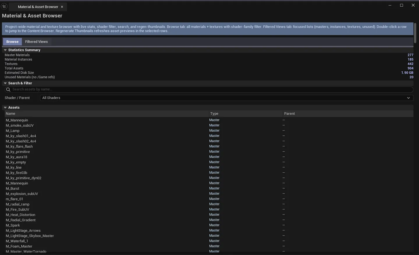 Browser open on Filtered Views tab with Master Materials filter, project stats visible above, results list below.