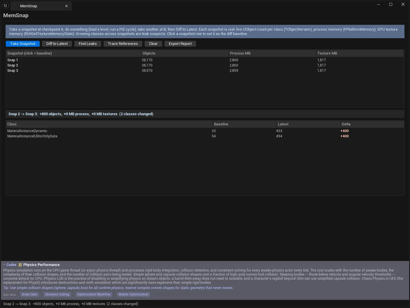 MemSnap with three snapshots and a diff open: Snap 2 to Snap 3 reports +800 objects across 2 changed classes, with MaterialInstanceDynamic and MaterialInstanceEditorOnlyData each up by 400.