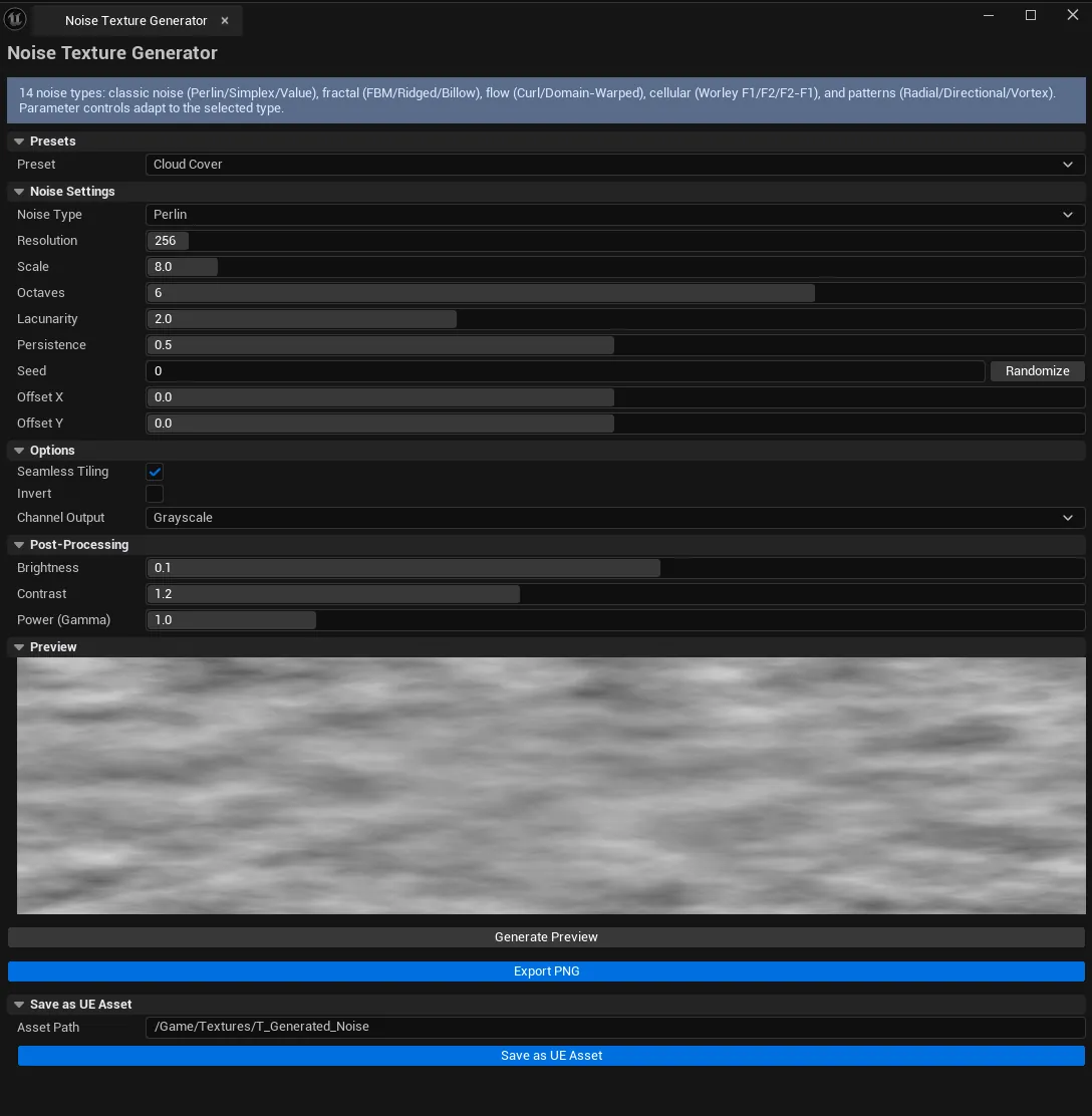 Tool open with Perlin FBM generated, preview visible, parameter sliders configured.