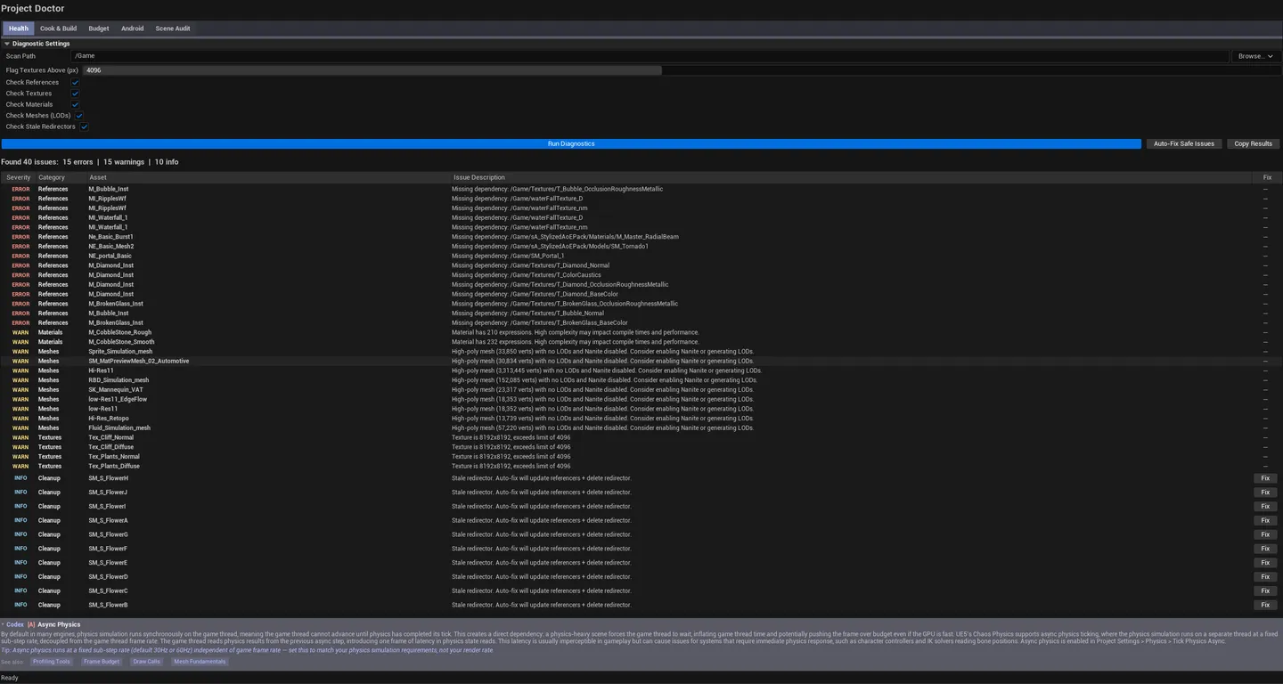 Scene Audit tab with results list showing materials / textures / meshes / hotspots / tick conflicts, summary block at top.