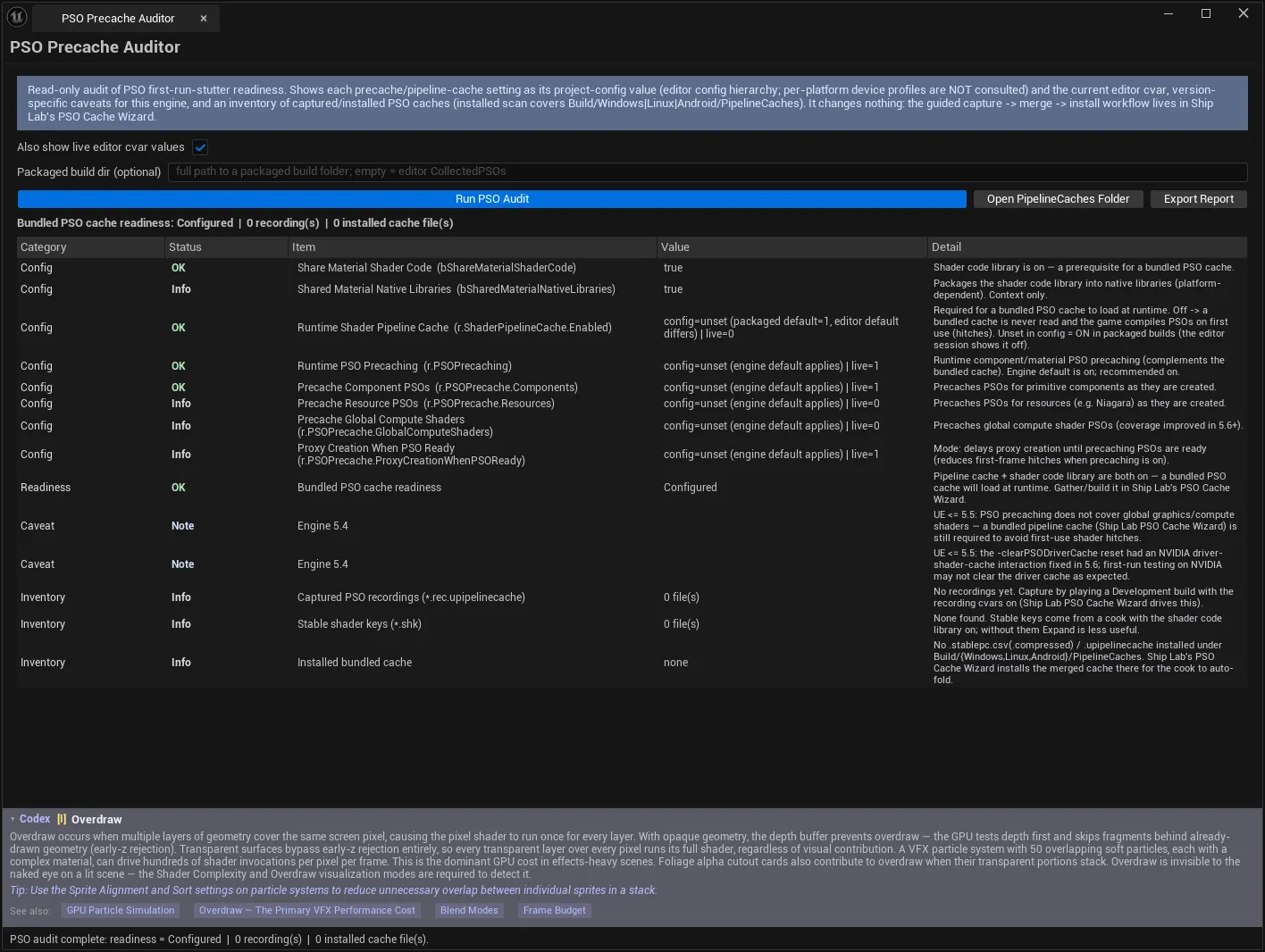 PSO Precache Auditor after a run: readiness Configured, each precache setting showing its project-config value beside the live editor cvar, engine-5.4 caveats, and the recording/installed-cache inventory.