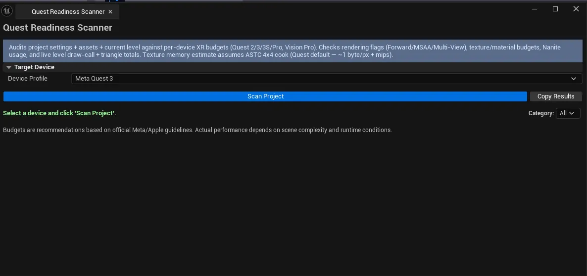 Scanner with Quest 3 selected, mixed Pass / Warning / Fail results across categories, summary at top.