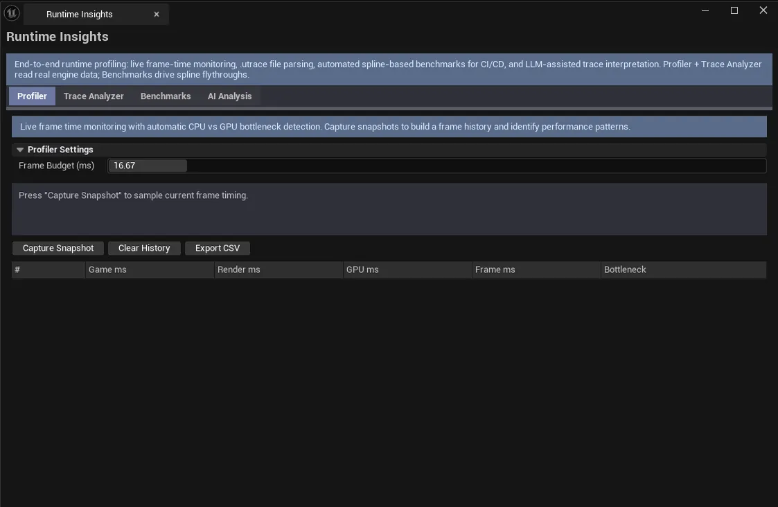 Runtime Insights on Profiler tab with live frame metrics, CPU/GPU bottleneck classification visible.