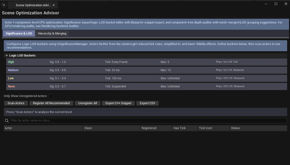 Advisor on Significance tab with bucket editor visible, actor list categorized by significance level.