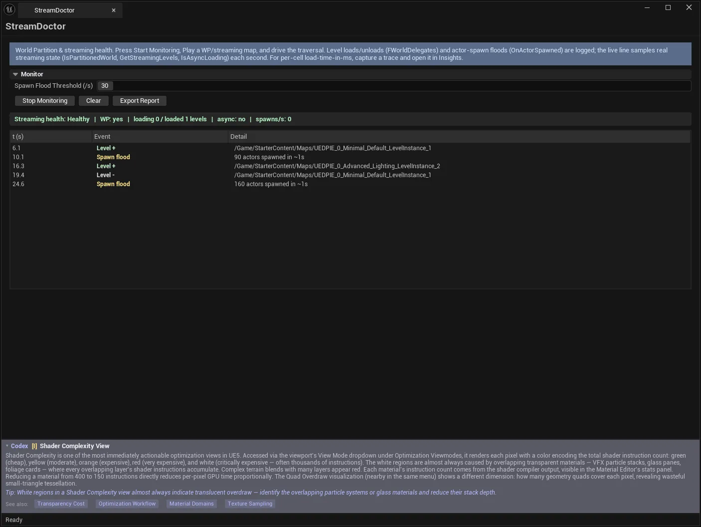 StreamDoctor monitoring a World Partition map in PIE: two level instances streamed in and one streamed out, plus two spawn floods of 90 and 160 actors caught against the 30-per-second threshold.