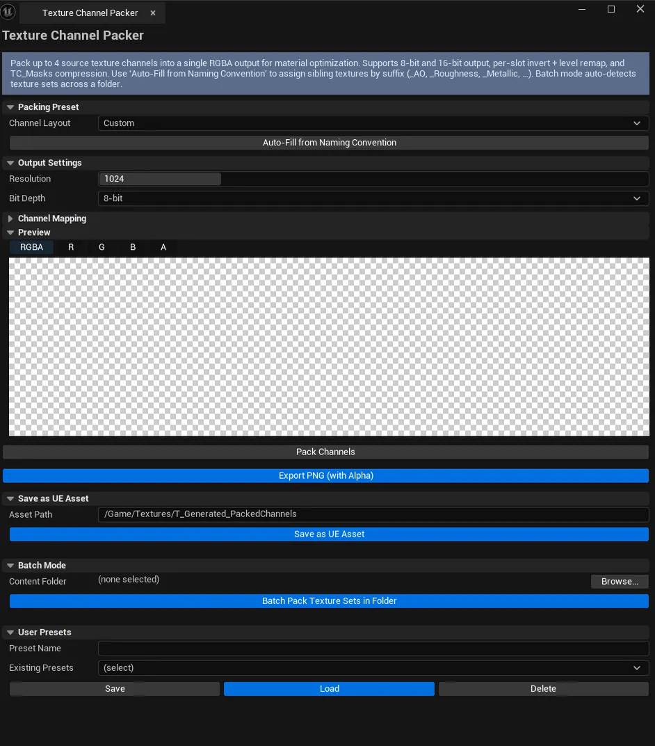 Auto-Detect Texture Set just ran, all 4 slots populated with matching _AO, _Rough, _Metal textures.