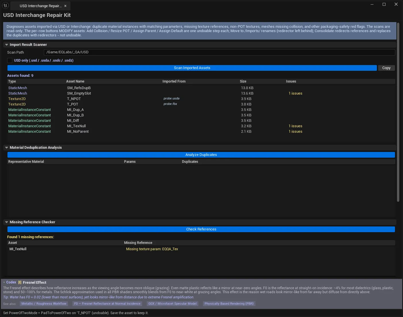 Imported assets scanned in one pass: duplicate materials analysed, missing references listed, and the safety checks alongside.
