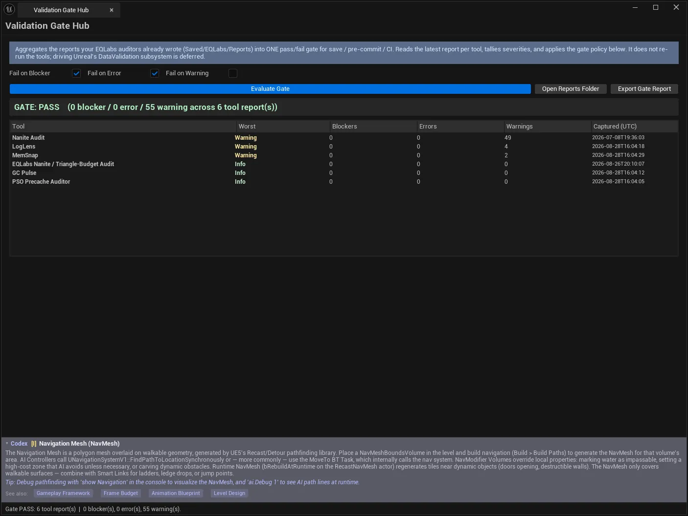 Validation Gate Hub with a PASS verdict across six tool reports: 0 blockers, 0 errors and 55 warnings, the policy set to fail on blocker and error but not warning, and per-tool capture timestamps.