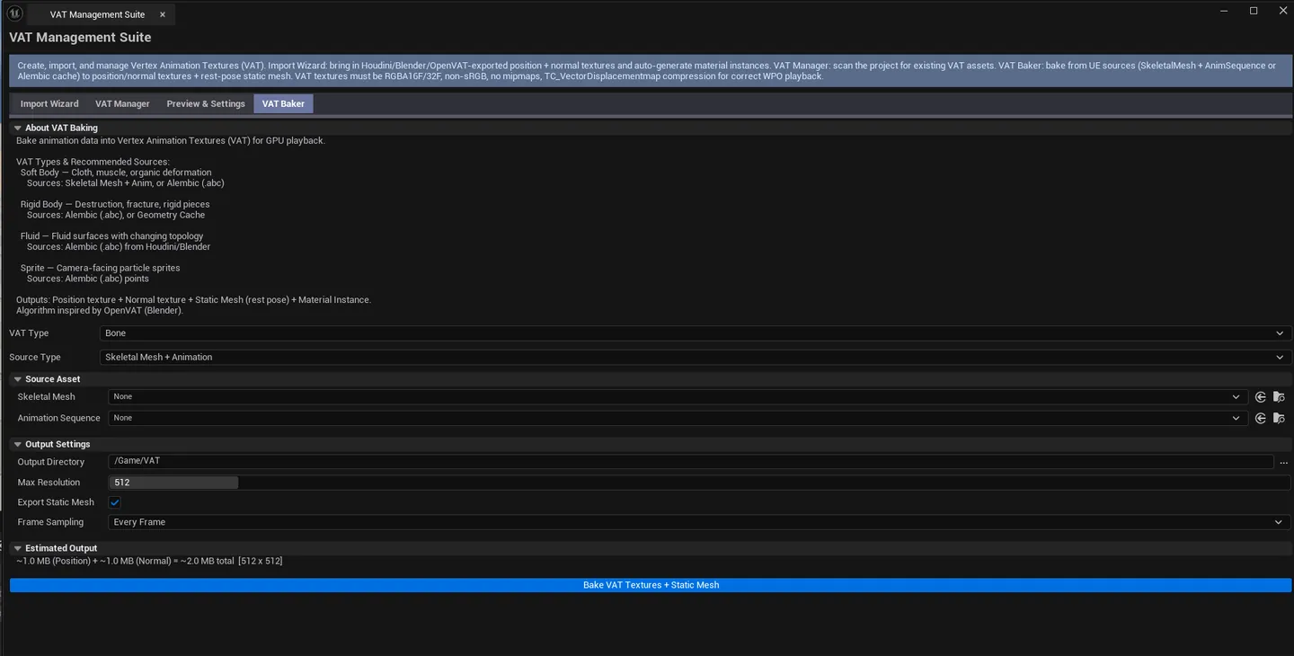 Baker tab with a SkeletalMesh + AnimSequence loaded, progress dialog visible during the bake, output path field showing where the asset set will land.