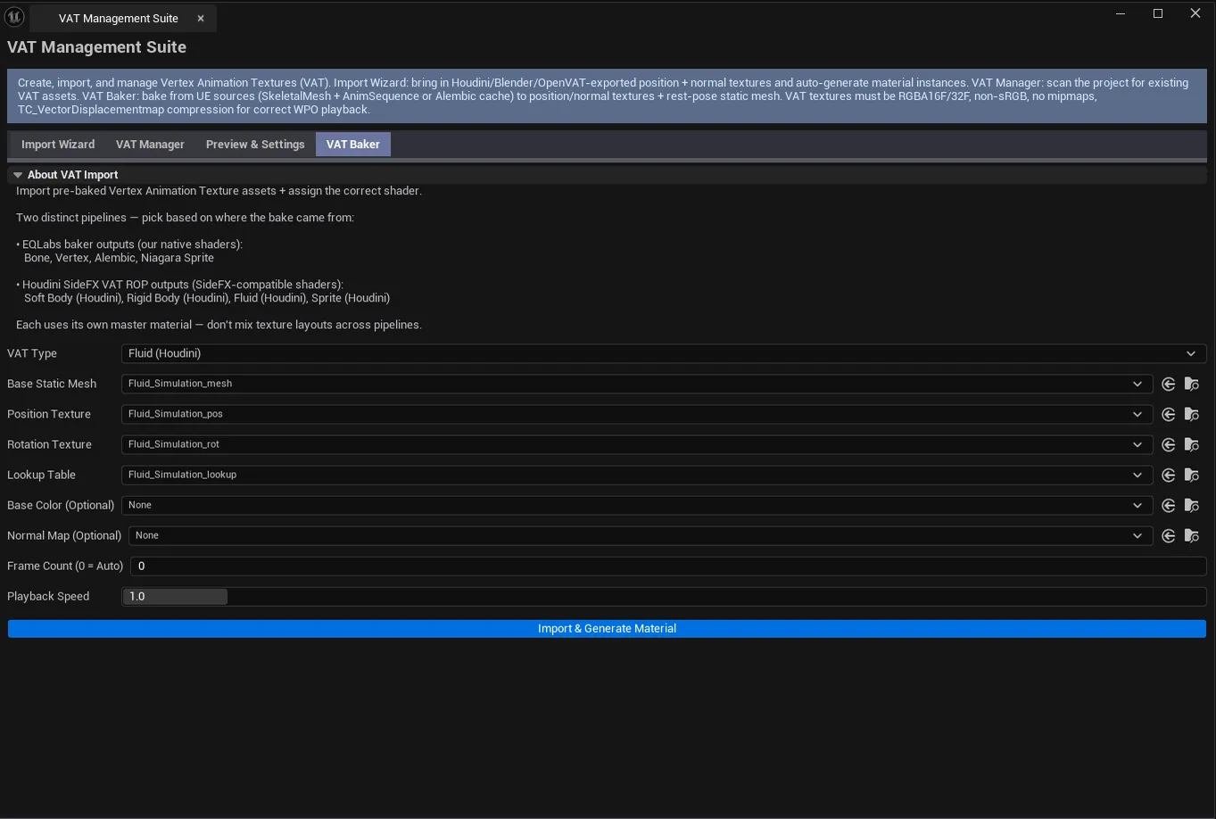 Tab 2 showing a populated project-wide VAT inventory — multiple VAT assets with type, path, frame count, and per-row Open / Regenerate Material actions.