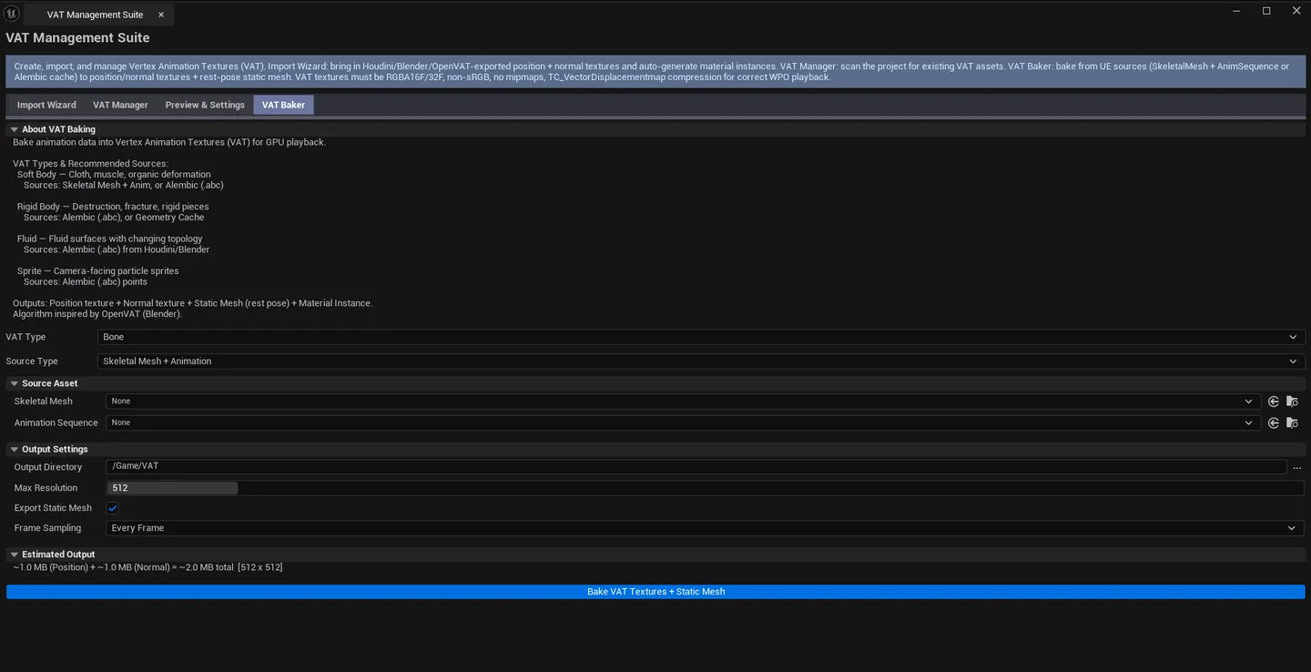 Suite open on VAT Baker tab with a SkeletalMesh + AnimSequence source loaded, viewport showing baked VAT preview.