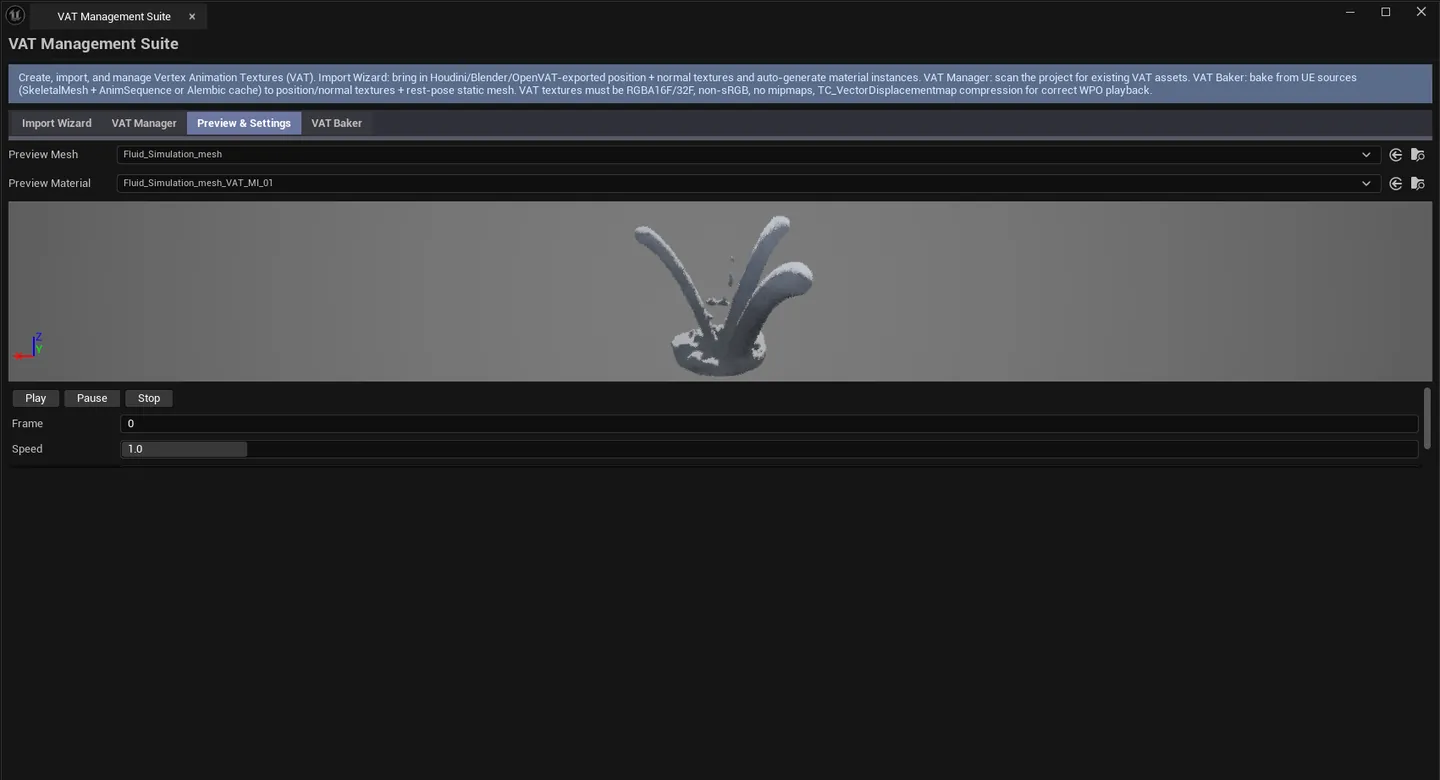 Import Wizard configured for Fluid type — Position + Normal + Lookup textures bound, base mesh loaded, preview viewport playing the imported simulation back inside the editor.