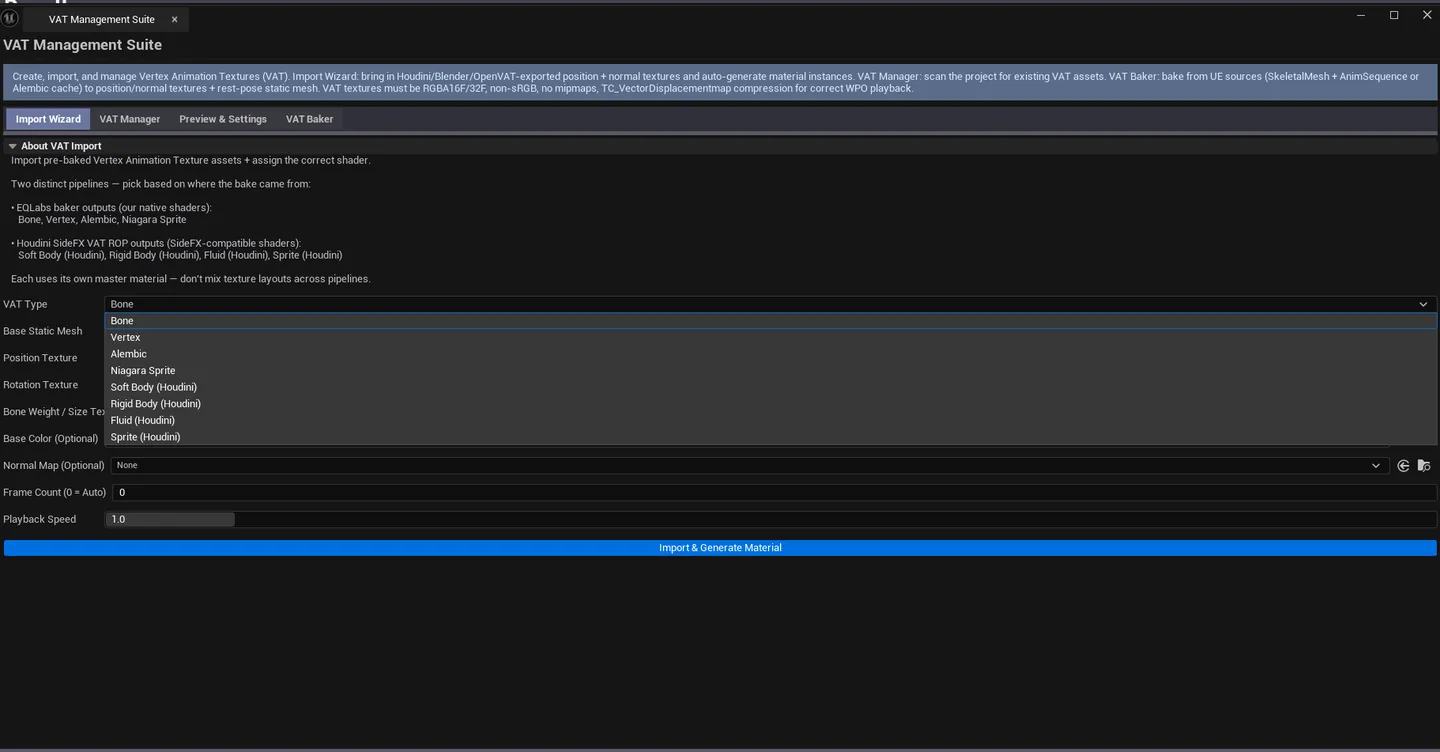Tab 1 with Houdini-baked Bone VAT data loaded across all required slots.