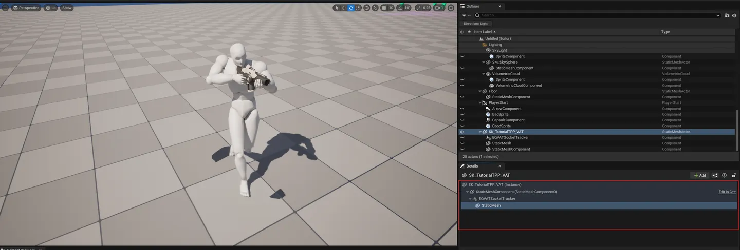 Level viewport with an actor following a baked Bone-VAT bone in real time via the runtime tracker component. Tracker properties visible in the Details panel showing the bound socket name + animation phase.