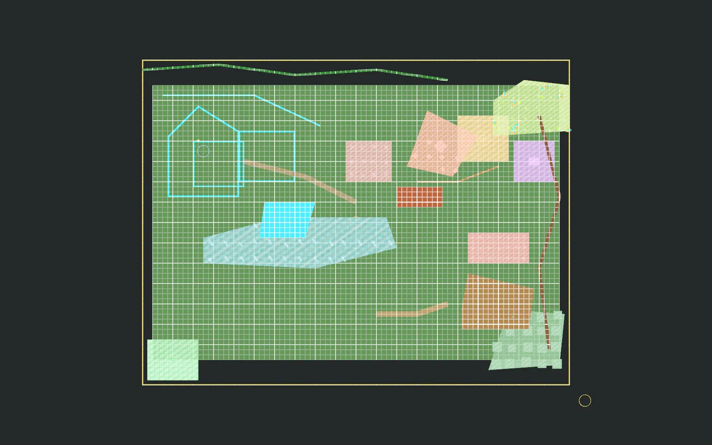 A blockout layout seen from above in the 3D preview: rooms, paths, water, terrain and zones on the grid.