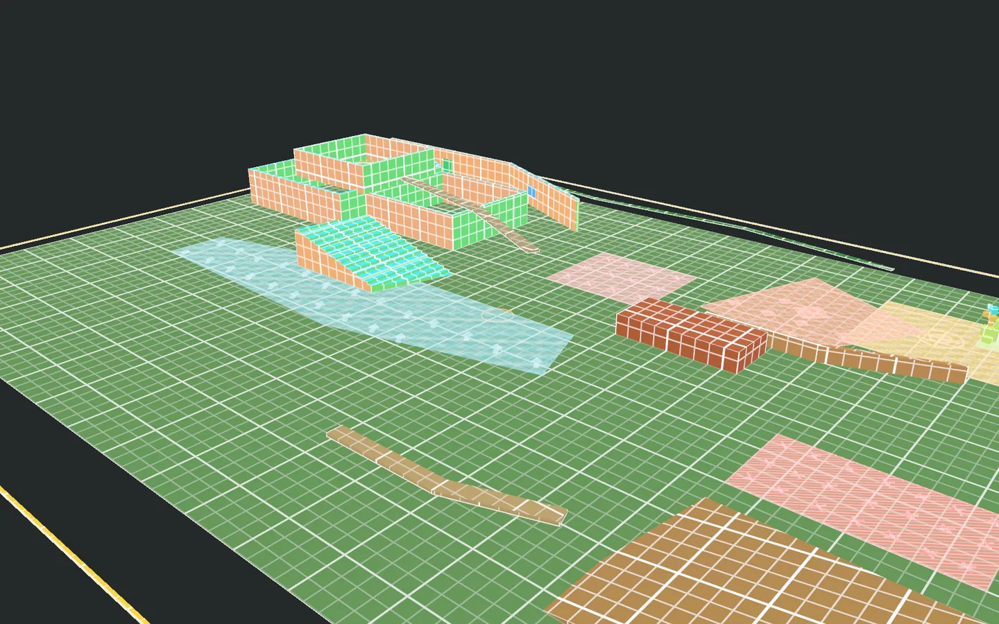 The 3D preview of a layout from an oblique angle: walls, water, terrain and gameplay zones.