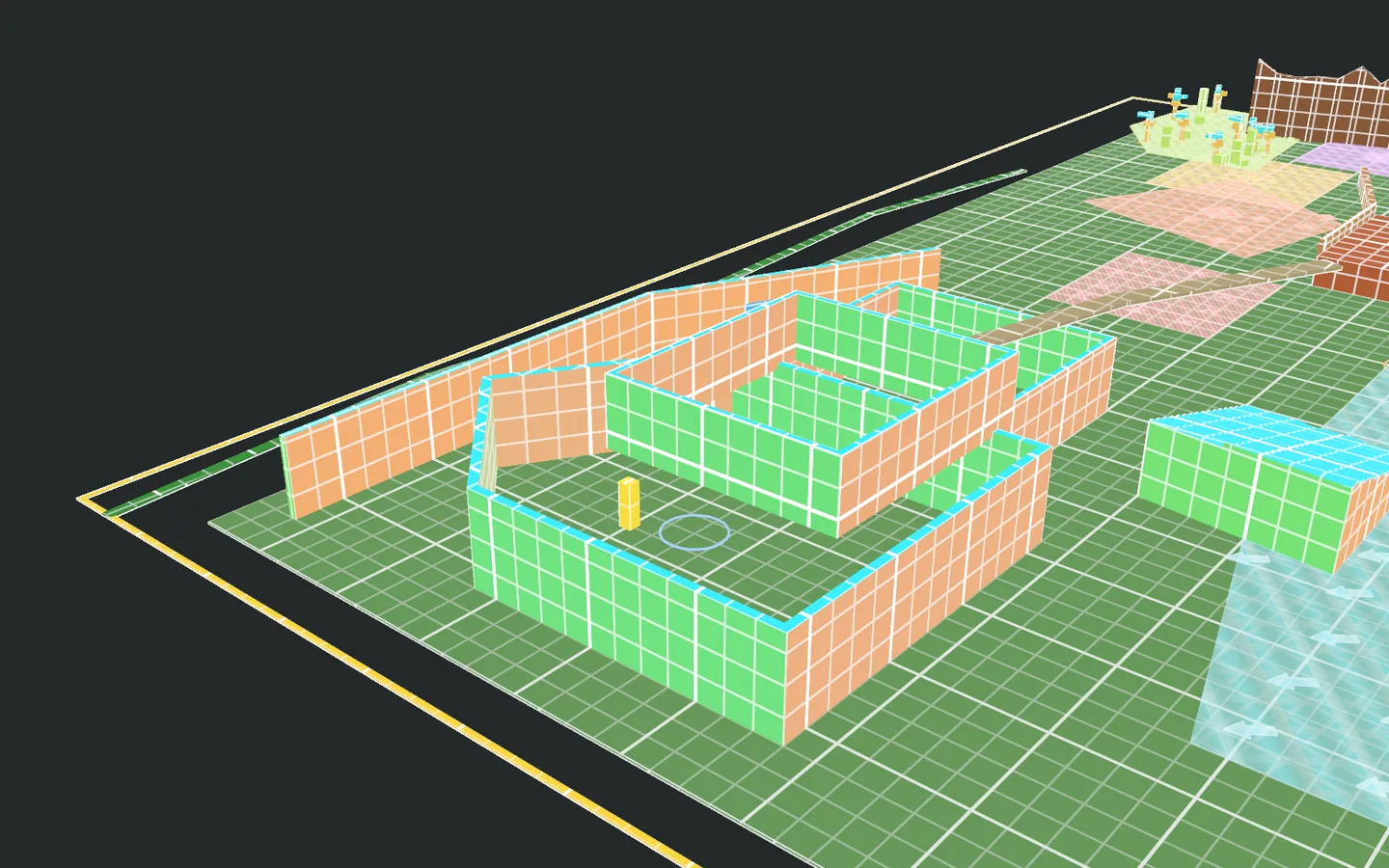 Rooms and walls with their door and window openings cut out, in the 3D preview.