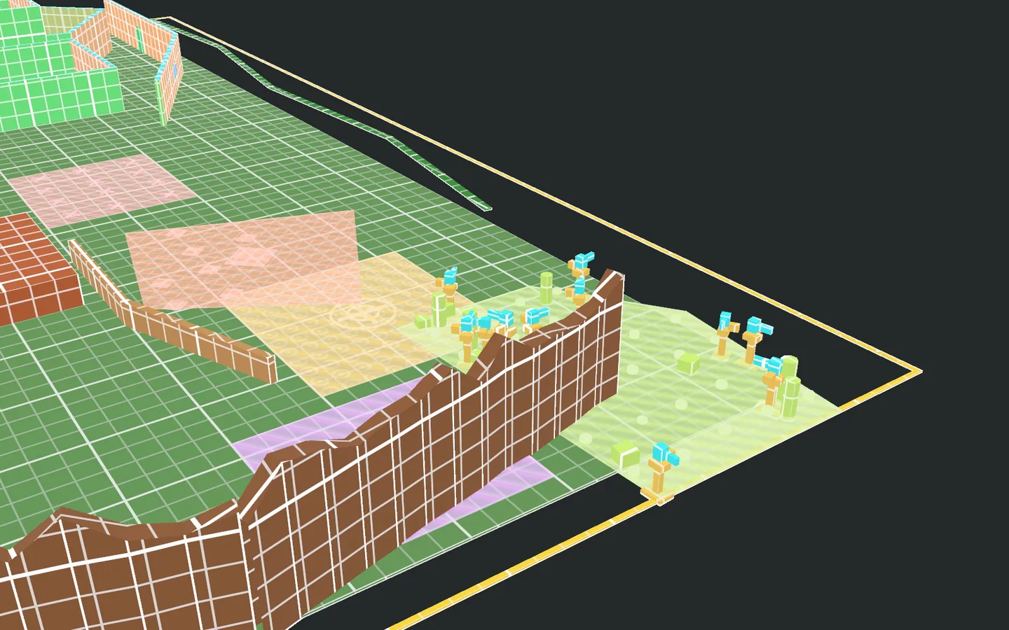 A scatter zone with generated markers beside a wall, in the 3D preview.