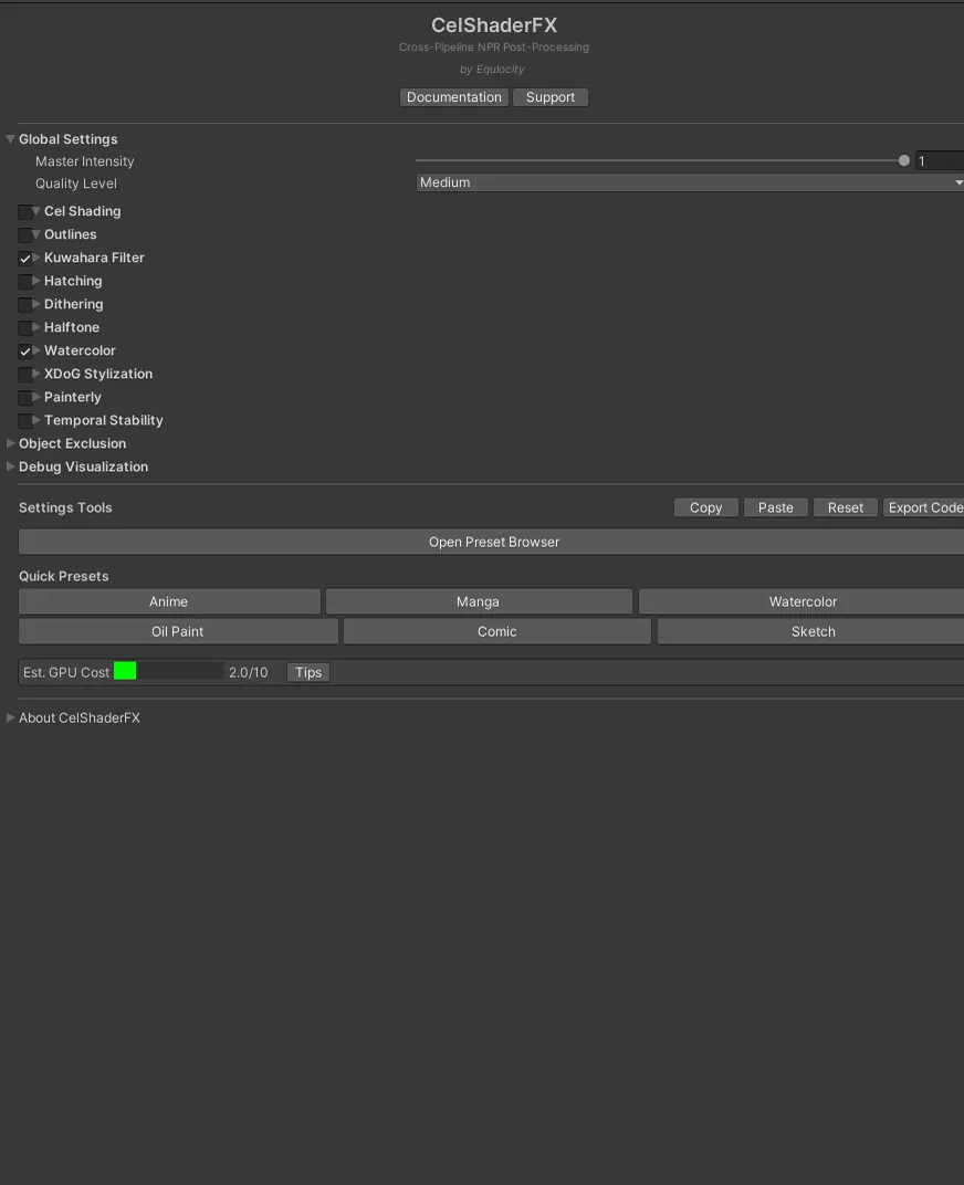 The modular effect inspector: global settings, the effect modules with their toggles, and the quick presets.