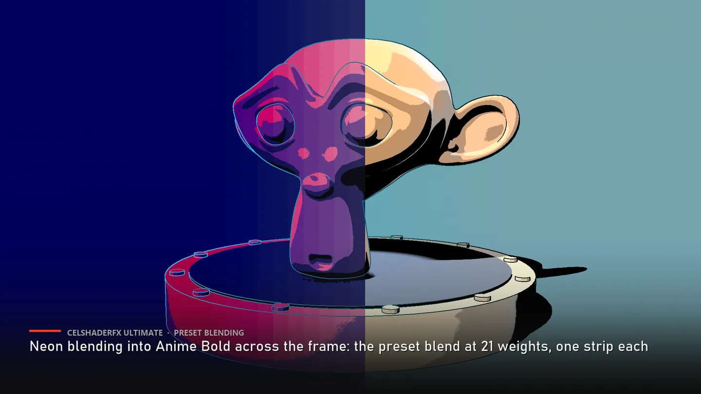 Ultimate: Neon blending into Anime Bold across the frame, one strip per blend weight.