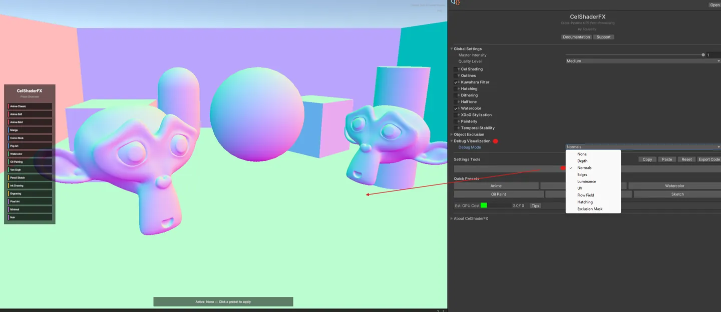 The debug overlay showing a scene as a normals view, with the Debug Visualization modes in the inspector.